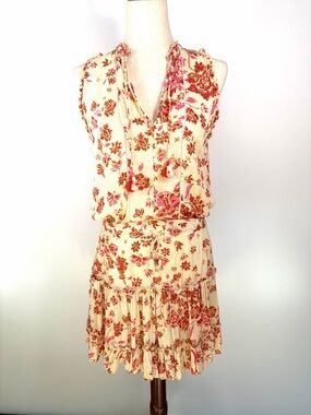 Poupette St Barth Cream Floral Tiered Sleeveless Dress with Tassel V-Neck